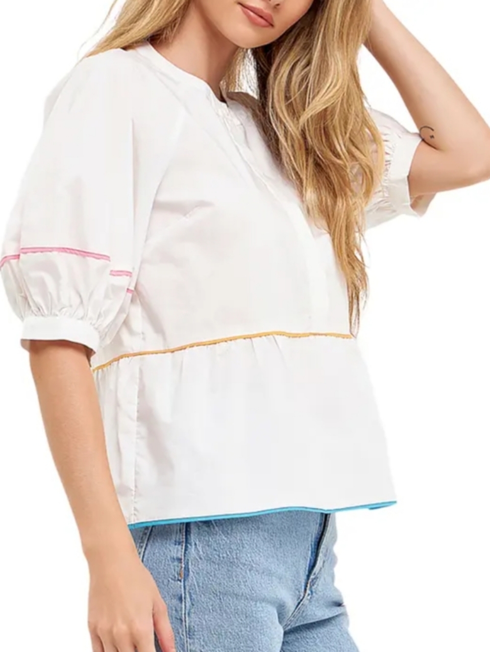 English Factory Piping Detailed Blouse Cotton Puff Sleeves